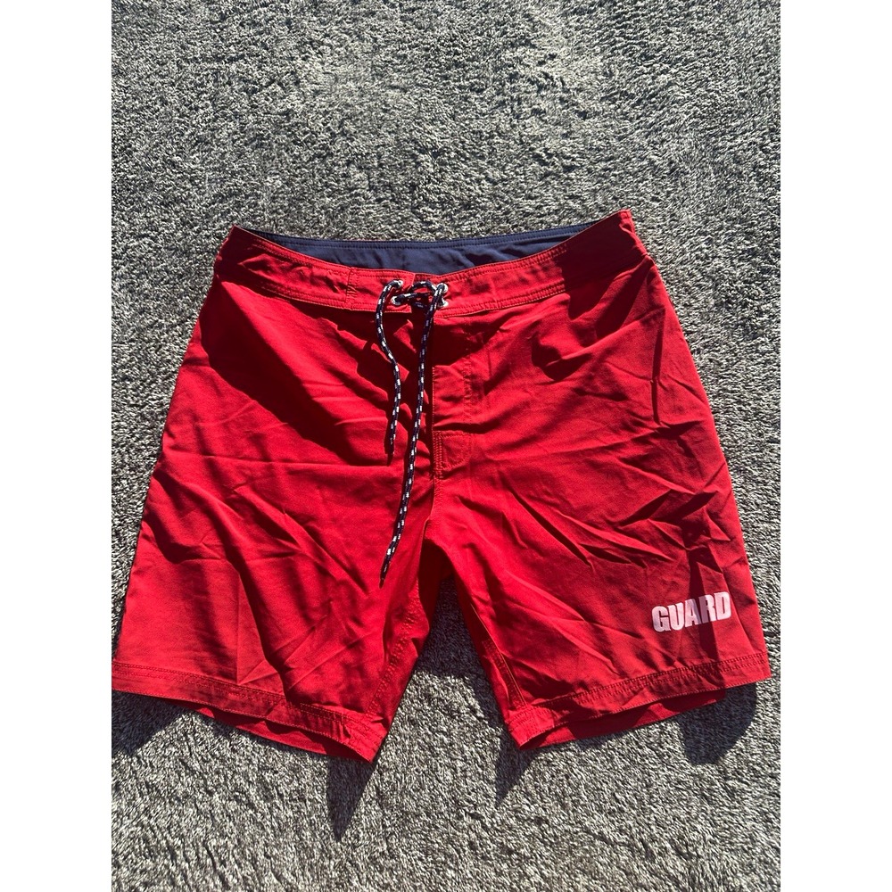 Men's Red Lifeguard GUARD Board Shorts Swim Trunks Size 32 Drawstring Zip Pocket